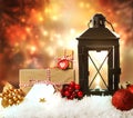 Christmas lantern with ornaments and presents Royalty Free Stock Photo