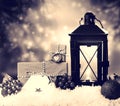 Christmas lantern with ornaments and presents Royalty Free Stock Photo