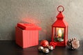 Christmas lantern red with gift box silver bells also pine cones
