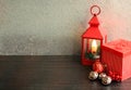 Christmas lantern red with gift box and silver bells