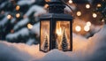 christmas lantern in the snow Christmas lantern in snow with fir tree. Winter cozy scene Royalty Free Stock Photo