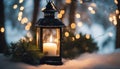 christmas lantern in the snow A cozy Christmas with a lantern and a fir tree branch. The lantern is glowing and warm Royalty Free Stock Photo