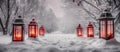 Christmas Lantern On Snow With Fir Branch and Baubles. Winter Decoration Background. Generative AI Royalty Free Stock Photo