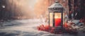 Christmas Lantern On Snow With Fir Branch and Baubles. Winter Decoration Background. Generative AI Royalty Free Stock Photo