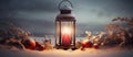 Christmas Lantern On Snow With Fir Branch and Baubles. Winter Decoration Background. Generative AI Royalty Free Stock Photo