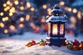Christmas Lantern On Snow With Fir Branch In Evening Scene Royalty Free Stock Photo