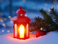 Christmas Lantern On Snow With Fir Branch In Evening Scene Royalty Free Stock Photo