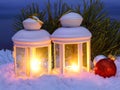 Christmas Lantern On Snow With Fir Branch In Evening Scene Royalty Free Stock Photo