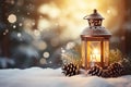 Christmas Lantern On Snow With Fir Branch In Evening Scene Royalty Free Stock Photo