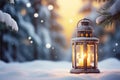 Christmas Lantern On Snow With Fir Branch In Evening Scene Royalty Free Stock Photo