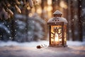 Christmas Lantern On Snow With Fir Branch In Evening Scene Royalty Free Stock Photo