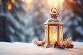 Christmas Lantern On Snow With Fir Branch In Evening Scene Royalty Free Stock Photo