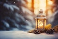 Christmas Lantern On Snow With Fir Branch In Evening Scene Royalty Free Stock Photo