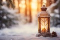 Christmas Lantern On Snow With Fir Branch In Evening Scene Royalty Free Stock Photo