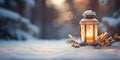 Christmas Lantern On Snow With Fir Branch in the Sunlight Royalty Free Stock Photo