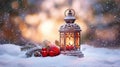 Christmas Lantern On Snow With Fir Branch in the Sunlight. Generative AI Royalty Free Stock Photo