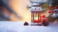 Christmas Lantern On Snow With Fir Branch in the Sunlight. Winter Decoration Background. Generative AI Royalty Free Stock Photo