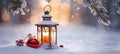 Christmas Lantern On Snow With Fir Branch in the Sunlight. Winter Decoration Background. Generative AI Royalty Free Stock Photo