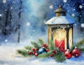 Christmas lantern on snow with fir branches, night scene. Water colour Christmas card illustration concept Royalty Free Stock Photo