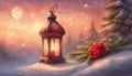 christmas lantern in the snow A romantic Christmas with a lantern and a fir tree branch. The lantern is inviting and cozy