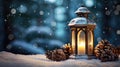 Christmas lantern with snowfall. Winter scene. Closeup Xmas background, wallpaper or card Royalty Free Stock Photo