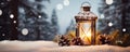 Christmas Lantern On Snowy Backdrop With Fir Branch Space For Text Royalty Free Stock Photo