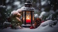 Christmas Lantern On Snowy Table With Fir Branches And Ornaments, generative ai Royalty Free Stock Photo