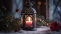 Christmas Lantern On Snowy Table With Fir Branches And Ornaments, generative ai Royalty Free Stock Photo