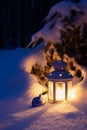 Christmas lantern and toy ball under the tree. Christmas night