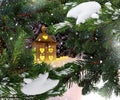 Christmas lantern  yellow light  iat  night winter forest on snow pine branch with cones on front snowlakes scene Royalty Free Stock Photo