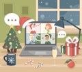 Group of different happy people in winter costumes have Christmas virtual discussion.