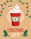 Christmas latte drink, illustration of cardboard on red cup and coffee to go, christmas advert banner for cafe.