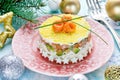 Christmas layered salad with salmon, avocado, rice and cream cheese