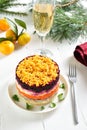 Christmas layered vegetable salad with herring and boiled vegetables, Christmas layered vegetable salad with herring and boiled