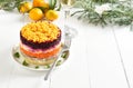Christmas layered vegetable salad with herring and boiled vegetables, Christmas layered vegetable salad with herring and boiled