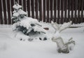 Christmas LED decoration deer. Courtyard of house. Too much snow. lights trees