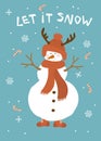 Christmas Let It Snow Greeting Card With Cute Snowman Over Blue Background Vector Illustration