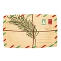 Christmas letter, envelope with stamp, seal and pine branch in cartoon style isolated on white background. Greeting Royalty Free Stock Photo