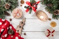 Christmas letter for Santa on white background with gifts, pencil, fir branches, pine cones, candle. Xmas and Happy New Year theme Royalty Free Stock Photo