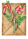 Christmas letter. Watercolor craft envelope with candy cane, spruce branch, lolipop retro illustration Royalty Free Stock Photo