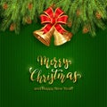 Christmas Lettering on Green Knitted Background with Golden Bell