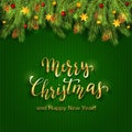 Christmas lettering on green knitted background with holiday dec