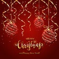 Christmas Lettering on Red Knitted Background with Shining Balls Royalty Free Stock Photo