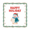 Christmas lettering, text happy holiday and snowman, frame, garland with light bulbs, tree branch