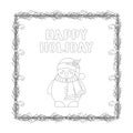 Christmas lettering, text happy holiday and snowman, frame, garland with light bulbs, tree branch