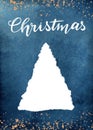 Christmas lettering. White silhouette tree. blank space for your text. dark navy blue watercolor background. Beautiful flowing Royalty Free Stock Photo