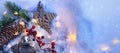 Christmas Light background. Xmas tree with snow decorated with garland star lights, holiday festive backdround