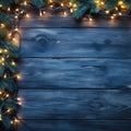 Christmas Light on Blue Wooden Background Top View with Copyspace. Garland Lights on Vintage Wood Royalty Free Stock Photo