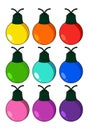 Christmas light bulb illustration set isolated on white background. Vector holiday symbol. Cartoon icons collection. Multi colored Royalty Free Stock Photo