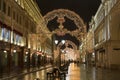 Christmas light decorations on Nikolskaya street in Moscow at night